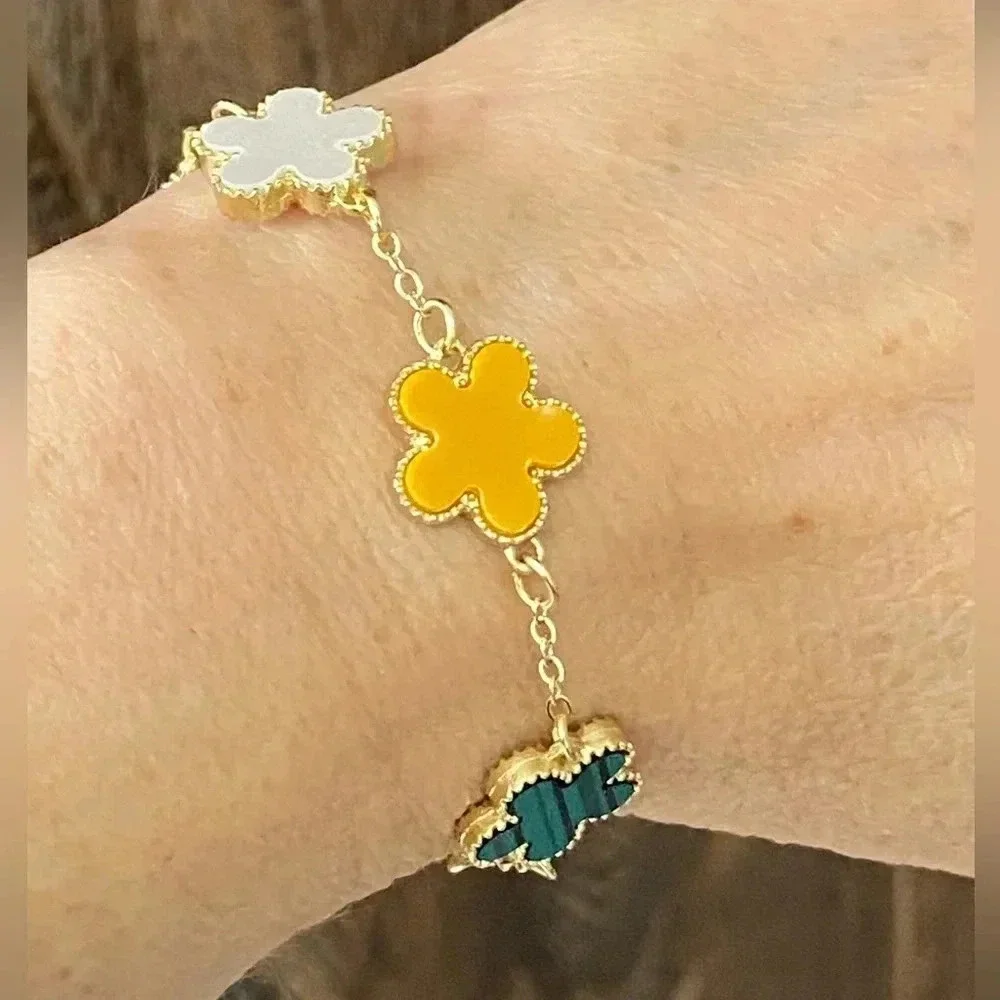 5 Lucky Clover Multicolor Charms Gold Tone Luxury Style Chain Bracelet NEW